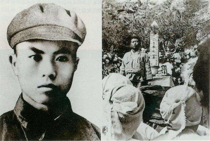 1952年1月2日，志願軍戰士羅盛教在平安南道成川郡石田裡，為搶救跌入冰窟的朝鮮少年而犧牲。被授予“中國人民志願軍一級模范”稱號。左圖為羅盛教，右圖為被救少年崔瑩在羅盛教墓前。