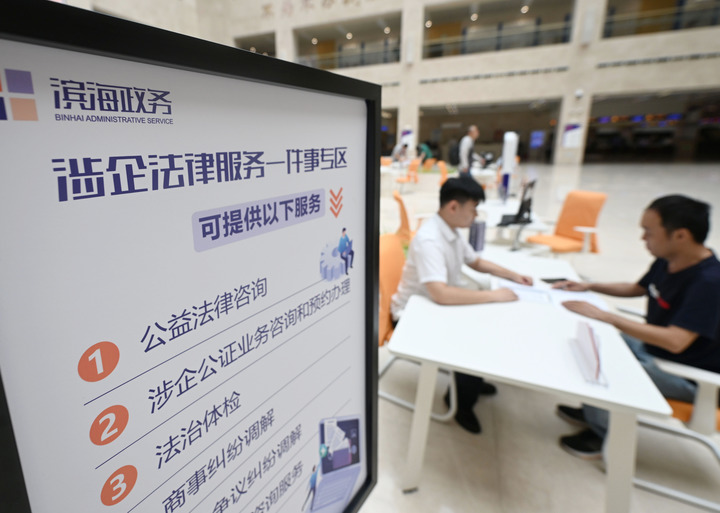 在天津濱海新區政務服務中心，工作人員在“涉企法律服務一件事”專區為市民提供服務（2024年7月31日攝）。新華社記者 趙子碩 攝